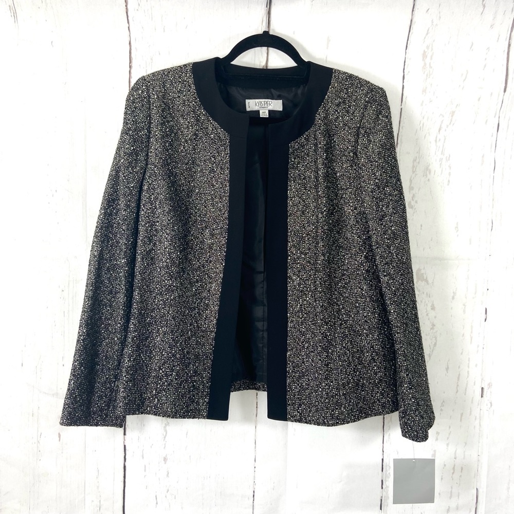 Kasper Jacket Women’s Petite‎ 14P Black/Gold Open Blazer Tweed Wool Blend.